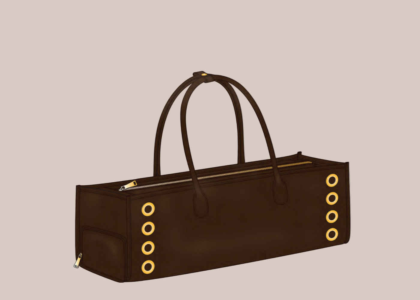 Brown handbag with gold accents on a white background
